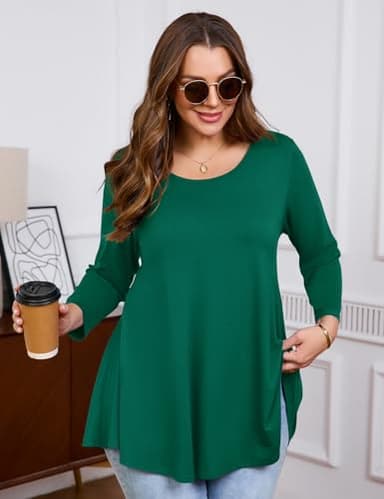 JollieLovin Womens 3/4 Sleeve Loose Fit Swing Tunic Tops Basic T Shirt(3X,Deep Green) - Image 5
