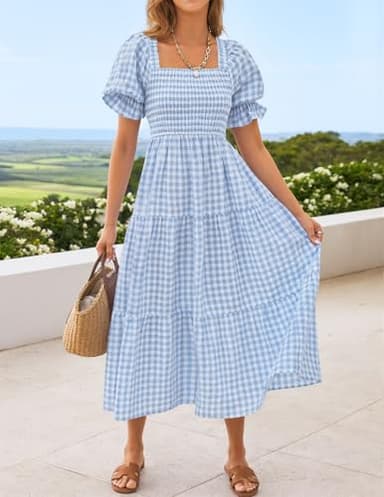 ZESICA Women's 2025 Bohemian Summer Plaid Square Neck Puff Sleeve Ruffle Flowy Beach Midi Dress,LightBlue,Small - Image 5