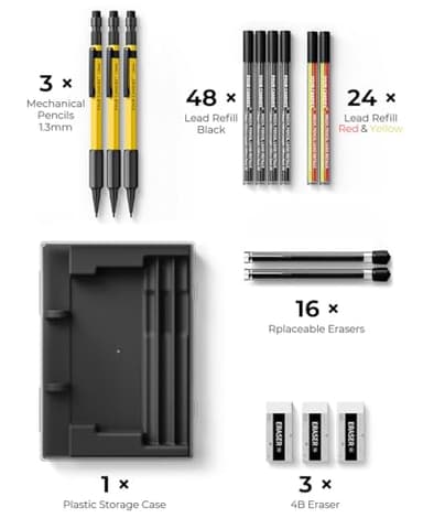 Four Candies 3PCS 1.3mm Mechanical Pencil Set with Case, Metal Heavy Duty Carpenter Pencils with 72 Refill(Red,Black,Yellow) 3Eraser, 16Eraser Refill, Weatherproof Body Outdoor Woodworking Marking - Image 6