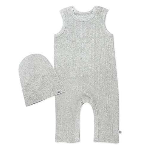 HonestBaby Sleeveless Rib Coverall and Beanie set Organic Cotton for Baby Boys, Girls, Light Gray Heather, 24 Months - Image 1