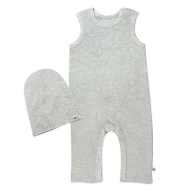 HonestBaby Sleeveless Rib Coverall and Beanie set Organic Cotton for Baby Boys, Girls, Light Gray Heather, 24 Months - Image 1