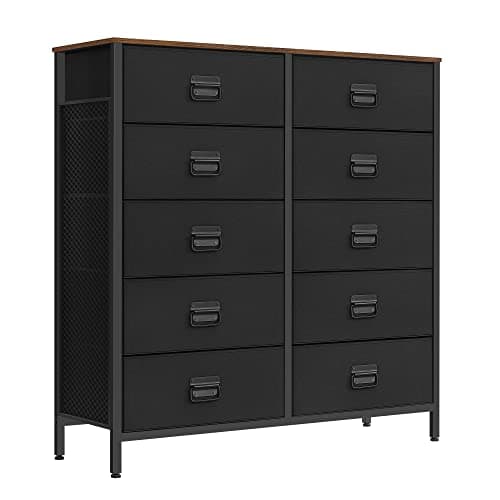 SONGMICS Dresser for Bedroom, Fabric Dresser with 10 Drawers, Storage Organizer Unit with Fabric Drawers, Chest of Drawers, Steel Frame, for Living Room, Entryway, Rustic Brown and Black ULTS225B01 - Image 1