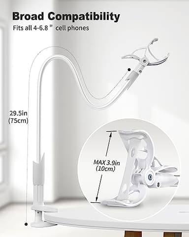SAIJI Gooseneck Cell Phone Holder, Clamp Universal Lazy Mount Clip Hands Free Flexible Long Arm Bracket Grip for 4-7 Phones Mobile Stand Baby Monitor for Desk, Bed, Office, Kitchen (White) - Image 5