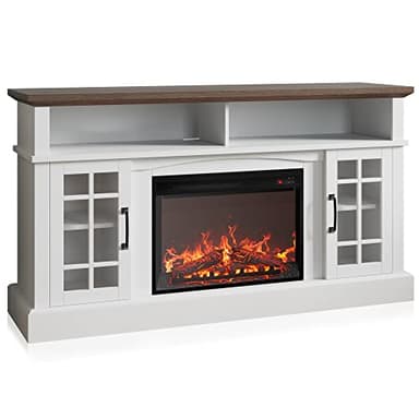 BELLEZE Traditional 58" Rustic TV Stand with 23" Electric Fireplace Heater with Sound, Media Entertainment Center Console Table for TV up to 65" with Open Storage Shelves and Cabinets - White - Image 8