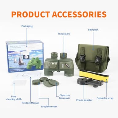 10X50 Binoculars with Compass and Rangefinder,Phone Adapter,Strap,BAK4 Prism FMC Lens,Shockproof IPX7 Waterproof Military Tacticle Binocular for Adults with Birdwatching Sailing Boating Hunting - Image 7