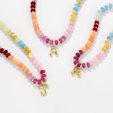 KissYan Initial Necklaces for Women, Colorful Beaded Gemstone Choker 14K Gold Bubble Letter Pendant Necklace Natural Stone Summer Beach Handmade Jewelry Gift(C) - Image 6