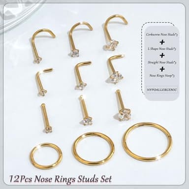 18g Gold Nose Rings Hoop and 20g Nose Studs Sets for Women Men,Hypoallergenic 316L Surgical Stainless Steel L Shape/Corkscrew/Straight Nose Studs Nose Screw Bone 1.5/2/3mm CZ Piercings Jewelry 12Pcs - Image 5