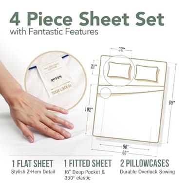 TEXAS LINEN CO. 100% Organic Cotton Sheets Queen Size - 4 PC Organic Cotton Queen Size Percale Weave Sheet Set, Soft, Cooling, Crisp & Breathable, 16" Deep Pocket Hotel Quality Bedding Set - White - Image 2