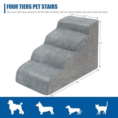 Dog Stairs for Small Dogs - High Density Foam Dog Ramp, Extra Wide Pet Steps with Non-Slip Bottom for High Beds, Couche and Sofa, Best for Pet Injured, Older Dogs Cats (Grey, 4 Steps) - Image 2