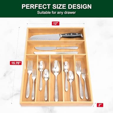 Bellsal Natural Utensil Organizer 12.5 Inch Silverware Organizer for Drawer Utensil Holder Cutlery Organizer Kitchen Drawer Organizer 7 Compartment Small Narrow Bamboo - Image 3