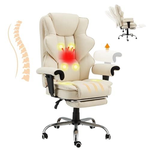 HOMREST 6-Point Massage Executive Chair,Heat Office Chair,Ergonomic Home Office Desk Chairs with Retractable Footrest and Reclining Function,Leather Computer Chair with Adjustable Armrest(Off White) - Image 1