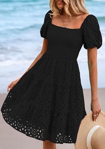 PRETTYGARDEN Womens Summer Puff Sleeve Mini Dress Off Shoulder Eyelet Smocked A Line Casual Babydoll Short Dresses (Black,Medium) - Image 4