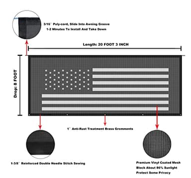 Tentproinc RV Awning Sun Shade Screen 8' X 20' 3'' (American Flag) Black Mesh Sunshade Camper Trailer Awning Shade Screen UV Blocker Completed Kits - Image 6