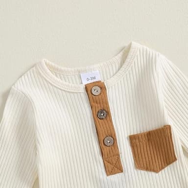 fhutpw Baby Boy Clothes 3 6 12 18 Months Ribbed Knitted Long Sleeve Romper and Pants Sets Newborn Fall Splicing Color Outfits (White&Khaki, 0-3 Months) - Image 4