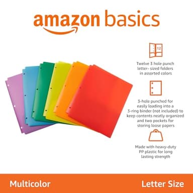 Amazon Basics Plastic 3 Hole Punch Folders with 2 Pockets, 8.5 x 11 inches, Pack of 12, Assorted Color - Image 2