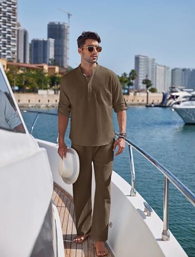 COOFANDY Men's 2 Pieces Cotton Linen Set Long Sleeve Henley Shirts Casual Beach Pants With Pockets Summer Yoga Outfits - Image 3