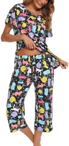 ENJOYNIGHT 2 Pack Womens Pajama Sets Cotton Short Sleeve Top with Capri Pants Summer Pjs Sleepwear - Image 4