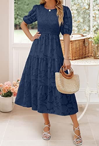 ZESICA Women's 2025 Summer Short Puff Sleeve Crewneck Smocked Floral Lace Flowy A Line Tiered Maxi Dresses,Navy,XX-Large - Image 6