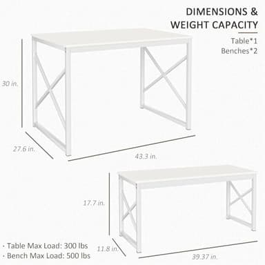 VECELO Kitchen Table with 2 Benches for 4, 43.3'' Wood Dining Room Dinette Sets with Metal Frame for Breakfast Nook and Small Space, White - Image 5