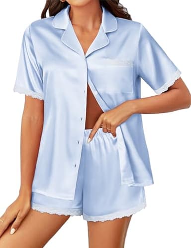Ekouaer Satin Pajamas Women Silk Short Sleeve Pajama Set Button Front Pjs Satin Sleep Shorts Set,Large Clear Blue - Image 1