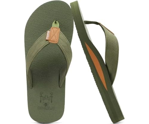 KuaiLu Men's Leather Flip Flops Arch Support Summer Beach Pool Water Thong Sandals Waterproof Rubber Walking Shoes Slip on Orthotic Casual Sport Cushioned Slides Shower Slippers Army Green Size 10.5 - Image 1