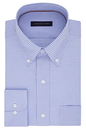 Tommy Hilfiger Men's Dress Shirt Regular Fit Non Iron Gingham, Clear Water, 18" Neck 36"-37" Sleeve - Image 3