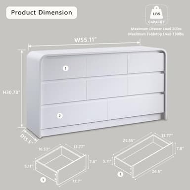 Aitjunz Modern 8 Drawers Dresser for Bedroom, 55" Wide Dressers & Chest of Drawers w/Curved Profile Design, Wood Mid Century Storage Dressers Organizer for Bedroom, Living Room, White - Image 2