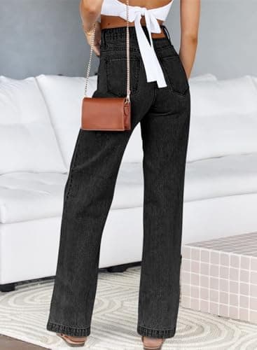 Sidefeel Jeans for Women Trendy High Waisted Stretchy Straight Leg Jeans Tummy Control Loose Ankle Denim Pants Black Size 12 - Image 2