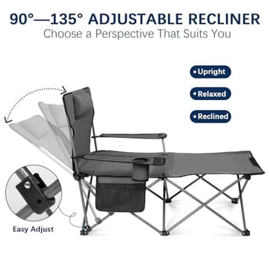 apollo walker Camping Chairs for Adults - 6 Legged Beach Chair with Foot Rest, Adjustable 90° - 135° Reclining Lounge Chair Outdoor, Folding Chairs for Outside with Detachable Pillow & Carry Bag Grey - Image 5