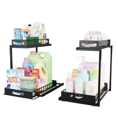 2-Tier Slide-Out Under Sink Organizer Storage Shelf with Smiley Handles, Heavy Duty Metal Slide Out Pull Out Cabinet Shelves, Rustproof Kitchen Bathroom Pantry Storage, Space Saving Design, 2 Pack - Image 2