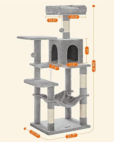 Feandrea Cat Tree, 56.3-Inch Cat Tower for Indoor Cats, Multi-Level Cat Condo with 4 Scratching Posts, 2 Perches, Hammock, Cave, Light Gray UPCT161W01 - Image 6