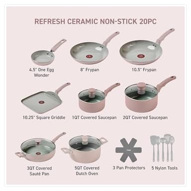 T-fal Refresh Ceramic Ceramic Non Stick Cookware Set 20 Piece Oven Broiler Safe 350F Dusty Rose - Image 2