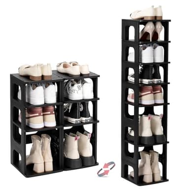TRZZ 8-Tier Small Shoe Rack, Vertical Narrow Stackable Organizer with Removable Partition, Efficient Shoe Storage for Closet, Entryway, and Small Spaces (Black) - Image 1