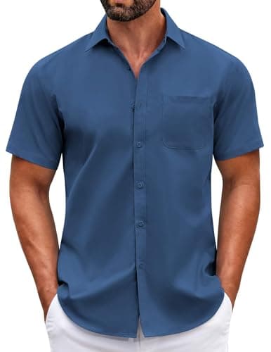 COOFANDY Men Summer Short Sleeve Button Down Stretch Dress Shirt Casual Stylish Slim Fit Muscle Fit Dress Shirt Blue - Image 1