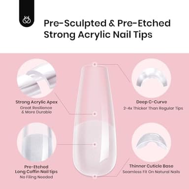 Beetles Tipex Instant Apex Nail Tips, 2 Boxes 256 PCS (Total 512 PCS), Pre-etched Long Coffin Acrylic Gel Nail Tips, Thick Clear Full Cover False Nails - Image 6
