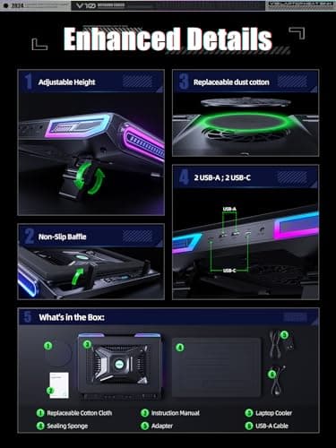 llano V10 Gaming Laptop Cooling Pad, RGB Laptop Cooler Stand with Powerful 4.72 Inch External Turbo Cooling Fan, Fast Cooling Computer 13-17.3in, Button Control, 3 Adjustable Stand, 4-Port USB C&A - Image 6