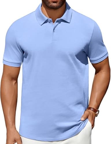 COOFANDY Mens Polo Shirts 100% Cotton Dress Polo Tshirts Collared Shirt Men Business Casual Shirts Shorts Sleeve Plain Polo Shirt Clear Blue - Image 1