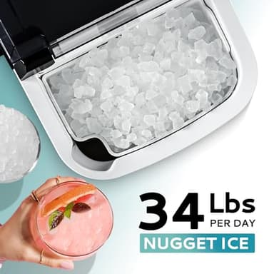 EUHOMY Nugget Ice Maker Countertop with Handle, Ready in 6 Mins, 34lbs Per Day, Removable Top Cover, Auto-Cleaning, Portable Sonic Ice Maker with Basket and Scoop, for Home/Party/RV/Camping (Black) - Image 2