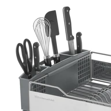 KitchenAid Large Capacity Full Size Rust Resistant Dish Rack with Angled Drain Board and Removable Flatware Caddy, Light Grey - Image 6