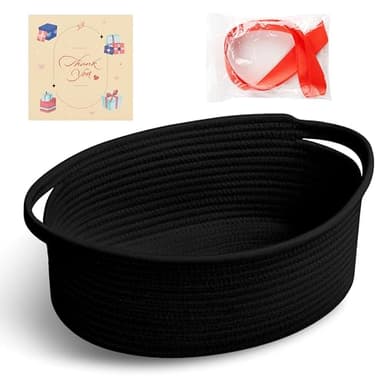 Bufims Small Woven Black Gifts Basket for Storage Empty with Ribbons and Bags Durable Cute Gifts 12"X 8" X 5" Small Rope Basket for Gifting - Image 1