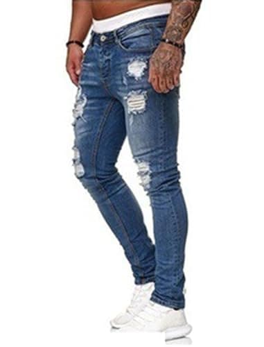 HUNGSON Men's Blue Slim Fit Jeans Stretch Destroyed Ripped Skinny Jeans Side Striped Denim Pants(LBlue,34) - Image 2