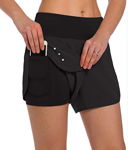 Ksmien Women's 2 in 1 Running Shorts - Lightweight Athletic Workout Gym Yoga Shorts Liner with Phone Pockets Black - Image 1