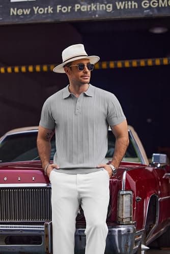COOFANDY Polo Shirts for Men Casual Knit Polo Shirts Short Sleeve Ribbed Textured Golf Shirt Vintage V Neck Collared Shirts Striped Polos T-Shirts Light Gray - Image 6