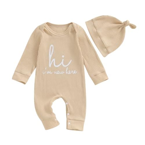 aporake Baby Boy Girl Clothes Hi I'm New Here Newborn Outfit One Piece Romper Bodysuit Jumpsuit+hat Newborn Hospital Outfit (Beige, 6-12 Months) - Image 1