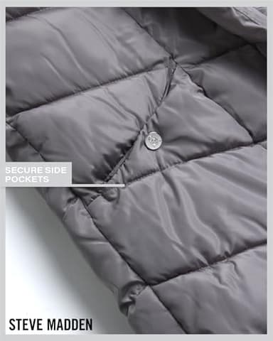 Steve Madden Women's Long Chervron Quilted Outerwear Jacket, Titanium, Medium - Image 5
