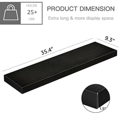 QEEIG Floating Shelves for Wall 35.4" Long - Wall Mounted Shelf Bathroom Kitchen Living Room Bedroom Farmhouse Home Decor Display Bookshelf Large 35.4 x 9.3 inch Set of 2, Black (008-90B) - Image 3