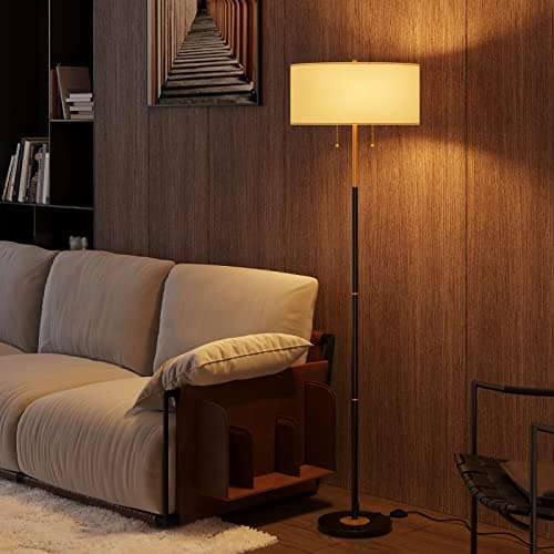 Karjoefar 2-Light Floor Lamp, Mid Century Floor Lamp with White Fabric Shade, Standing Lamp Tall Lamp for Living Room Bedroom, 3 Color Temperatures 9W Bulb Include - Image 1