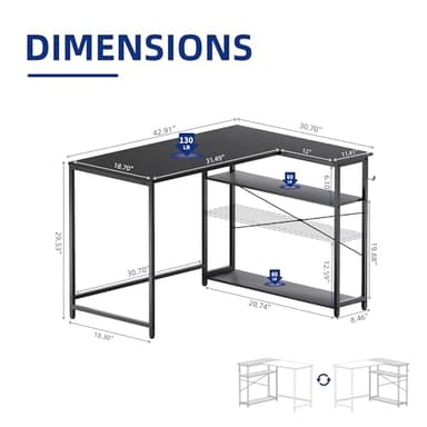 Pamray 43 Inch L Shaped Computer Desk with Reversible Side Storage Shelves, Small Corner Desk for Small Space Home Office,Writing Study Table Gaming PC Desk for Bedroom,Black - Image 3