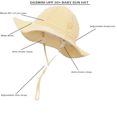 DASMINI Baby & Toddler Wide Brim Sun Hats UPF 50+ Sun Protection Bucket Cap Cute Adjustable Hat(White+Yellow,0-6M) - Image 3