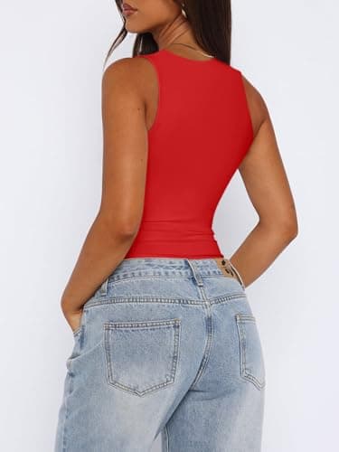 REORIA Womens Summer Sexy Sleeveless Square Neck Double Lined Going Out Cute Thong Bodysuit Tank Tops Flame Scarlet X-Small - Image 4